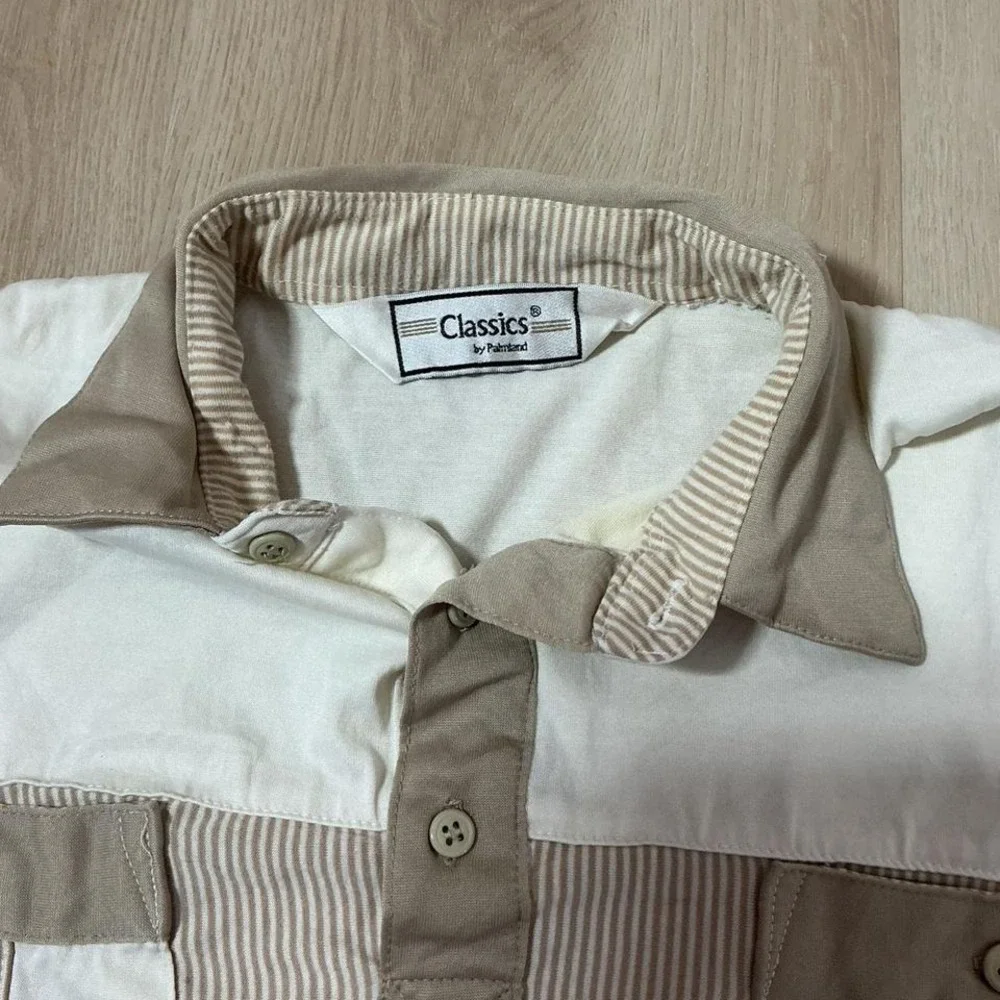 Classics by Palmland Vintage Tan‎ Cream Striped Banded Hem Preppy Polo Shirt XL